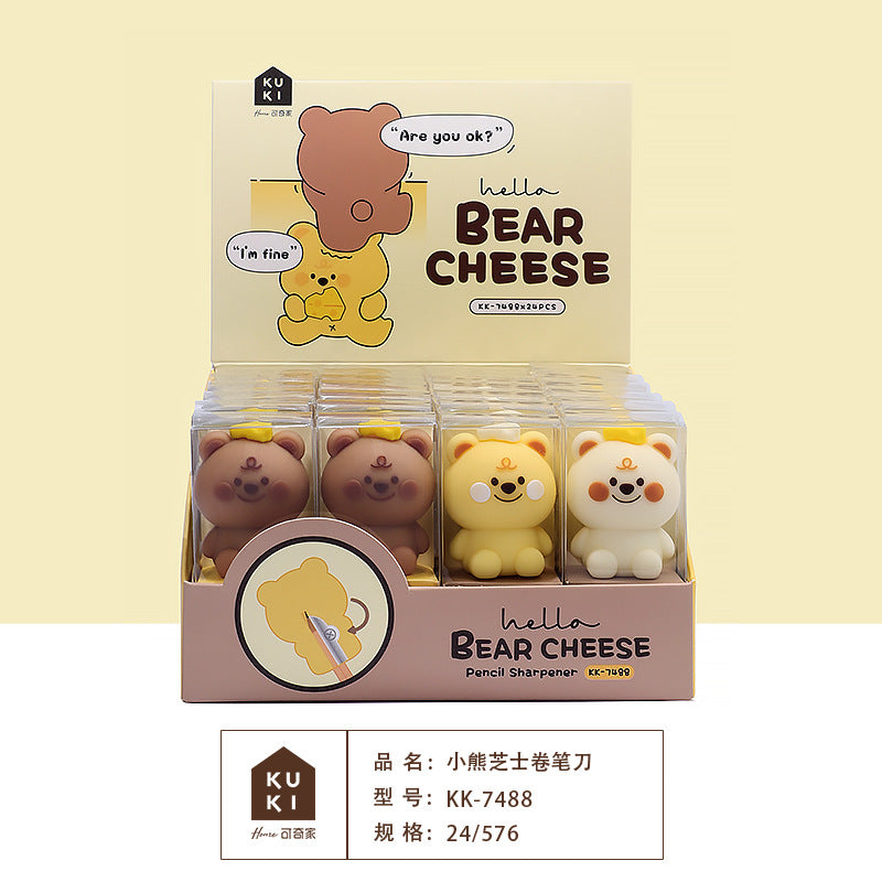 KUKI Manual Pencil Sharpener for Kids – Creative Cartoon Figurine Design, Hand-Crank Sharpener for School Students-Bear Cheese