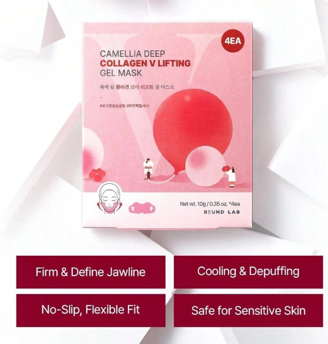ROUND LAB Camellia Deep Collagen V Lifting Gel Mask 1ea | Double-chin Turkey Neck Instant Face Lifting Mask, Cooling and Depuffing Face Toning Belt