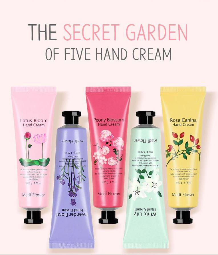 Medi Flower Le Jardin Secret des Cinq Crèmes pour les Mains - Lot de 5 x 50g (Collection Florale Premium)