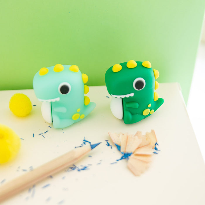 KUKI KK-7910 dinosaur pencil sharpeners in light green and dark green