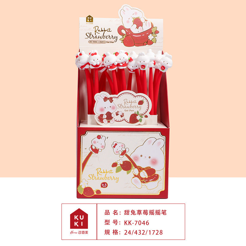 Stylo KUKI Shake, stylo gel noir en silicone Kawaii pour étudiants, papeterie amusante et interactive et cadeaux scolaires - Lapin Fraise