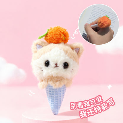 KUKI Creative Plush Ice Cream Gel Pen – 3D Soft Furry Pom Pom Pens, Cute Cartoon Stationery with Hanging Keychain, Smooth Writing Black Ink for Kids & School Gifts