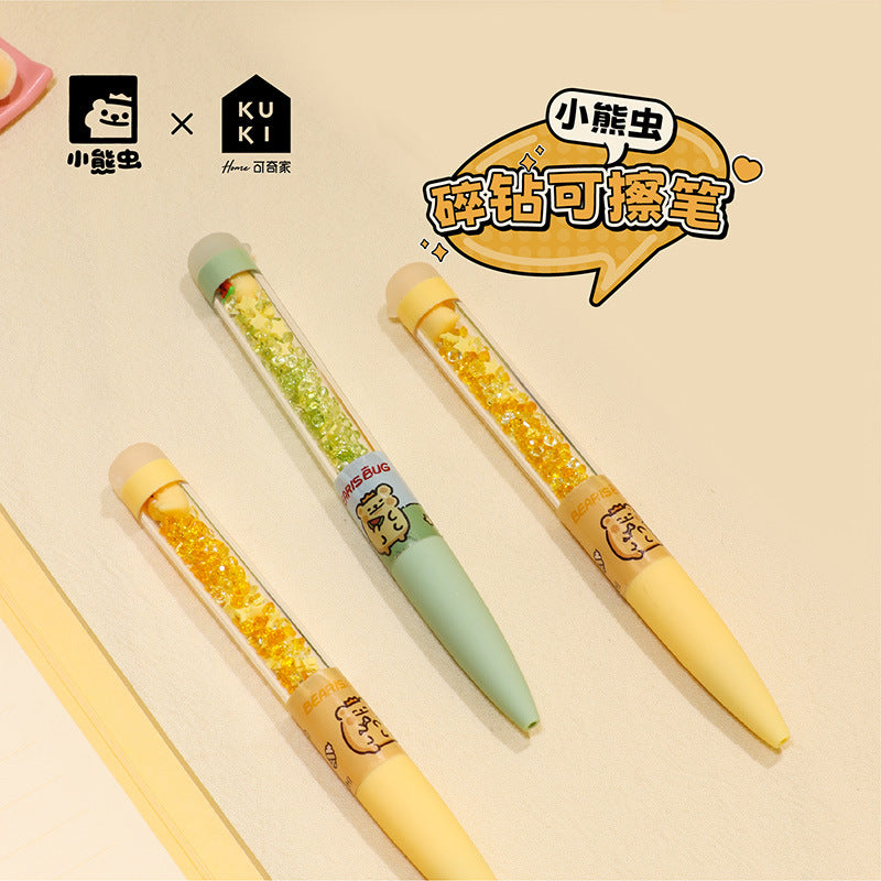 Stylos-gel effaçables sous licence officielle KUKI x Little Bear Bug – Corps texturé diamant créatif, encre effaçable par friction thermosensible, encre noire/bleue de 0,5 mm pour étudiants et fans