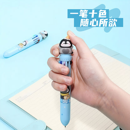 KUKI 10-in-1 Multicolor Ballpoint Pen – Cute Cartoon Penguin Retractable Rollerball Pen, 10 Vibrant Colors for School Students, Journaling, & DIY Scrapbooking