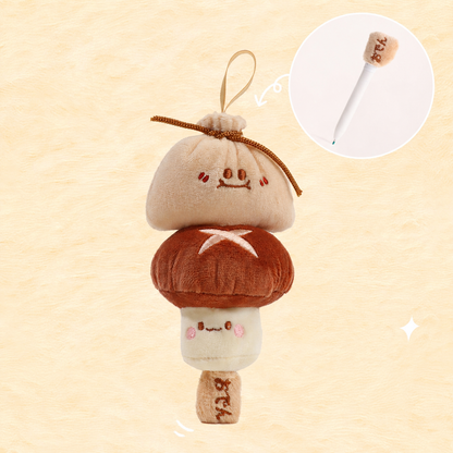 KUKI shiitake mushroom plush gel pen with inset showing the hidden white pen barrel