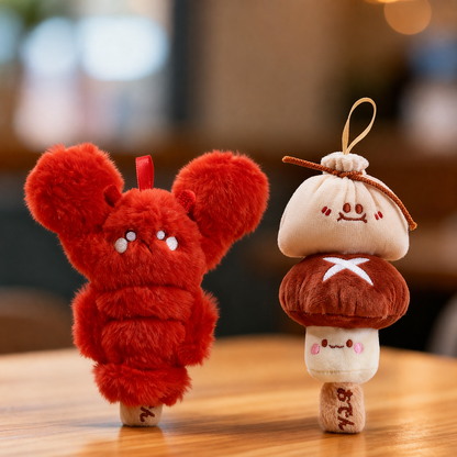 KUKI lobster and shiitake mushroom plush gel pens on a warm wooden table