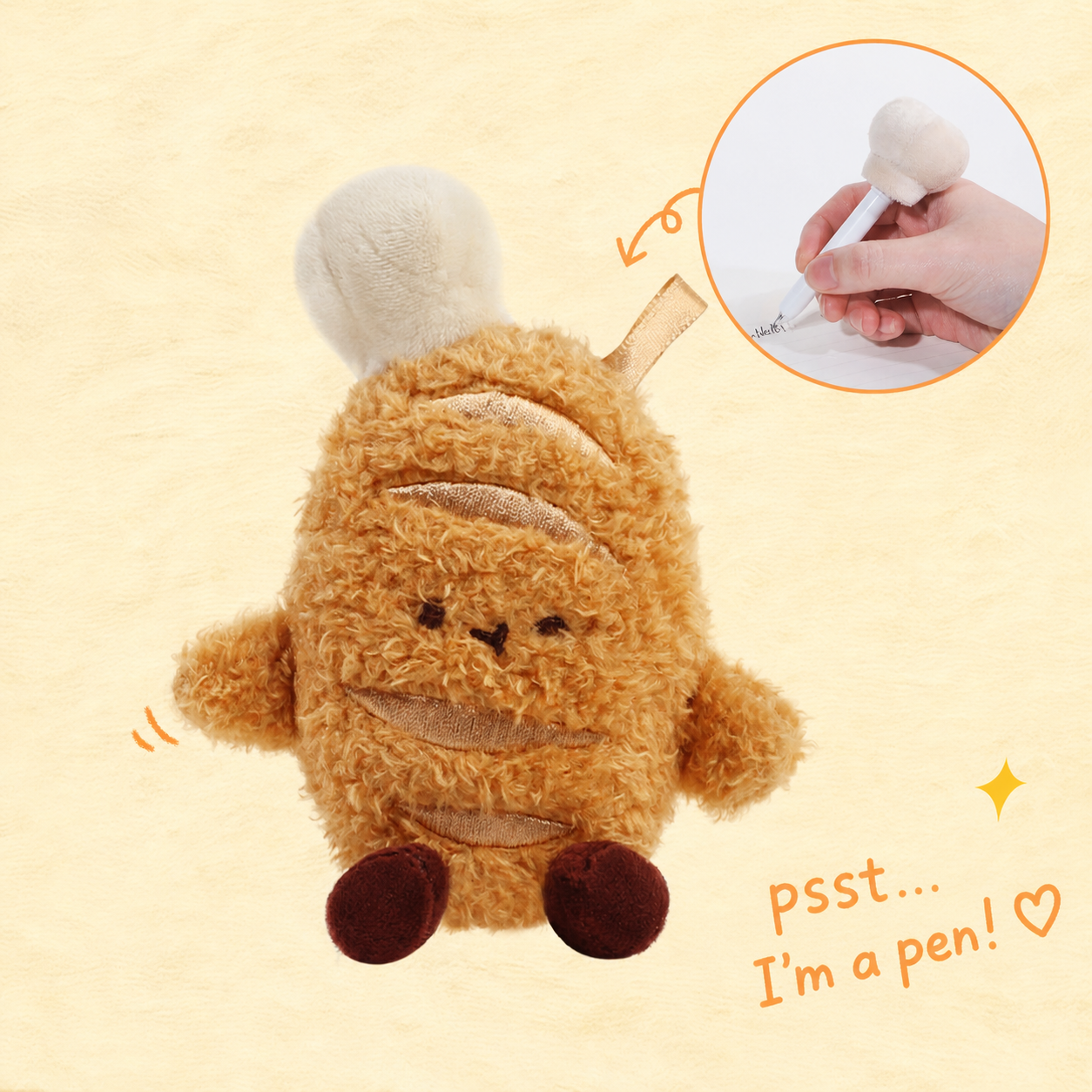 KUKI pretzel baguette plush gel pen with inset showing the hidden white pen barrel in use