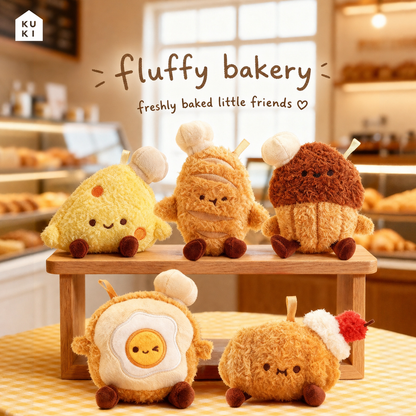 Five KUKI fluffy bakery plush gel pen characters displayed together in a warm bakery scene