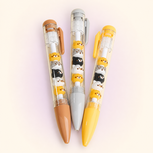 KUKI Cats Diary stackable gel pens in brown, grey and yellow
