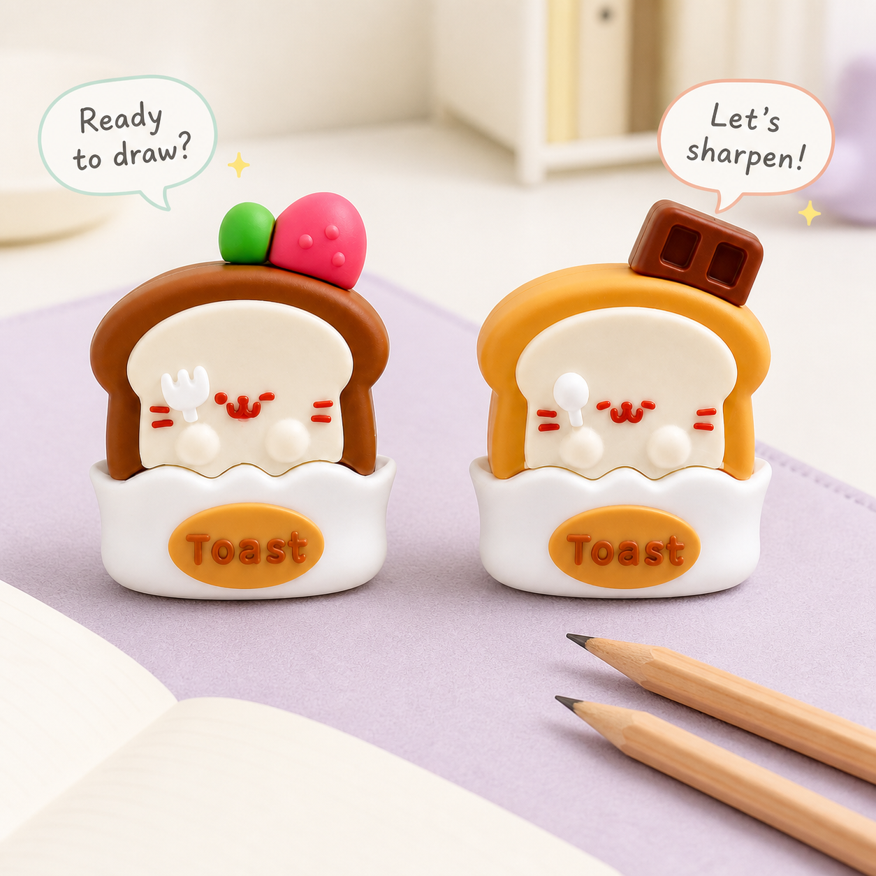 KUKI Cocoa Dessert toast pencil sharpeners with kawaii drawing dialogue on a pastel desk