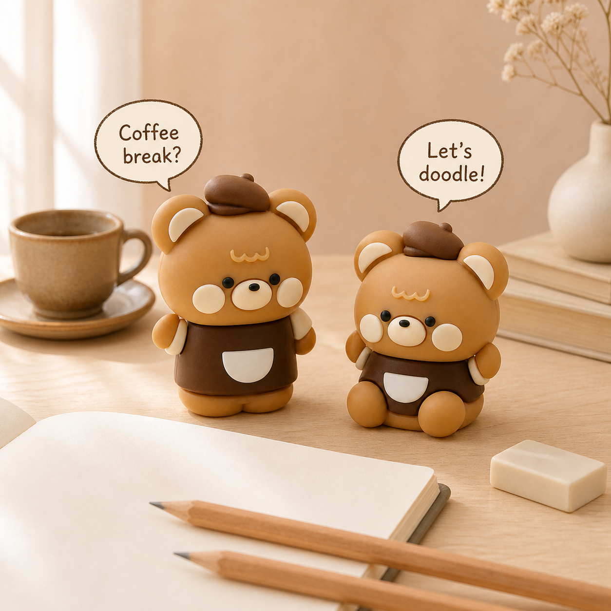 Two KUKI Coffee Bear pencil sharpeners chatting beside a notebook and pencils on a cozy desk