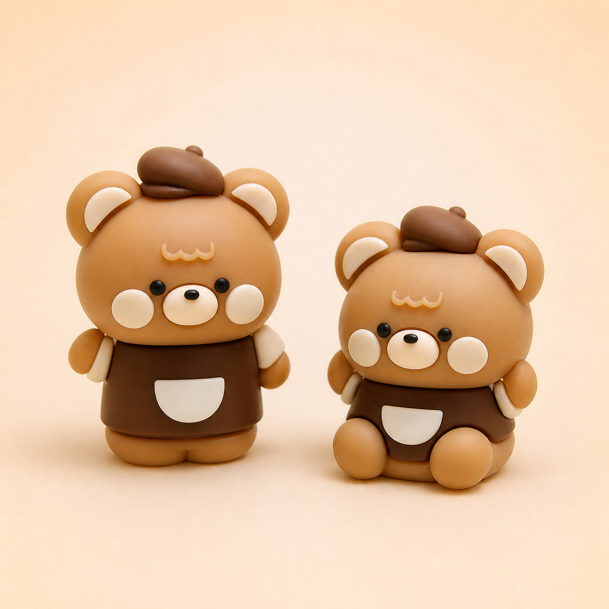 Two KUKI Coffee Bear pencil sharpeners in standing and seated designs on a warm ivory background
