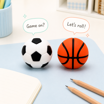 KUKI KK-8293 sports ball pencil sharpeners with kawaii game dialogue on a pastel desk