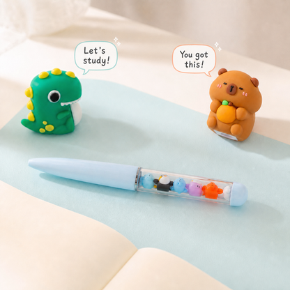 KUKI KK-8119 Ocean gel pen with kawaii study dialogue and KUKI dinosaur and capybara sharpeners