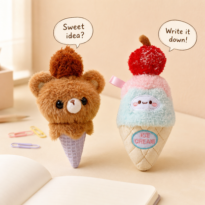 KUKI bear and ice cream plush gel pens on a cozy desk with handwritten speech bubbles