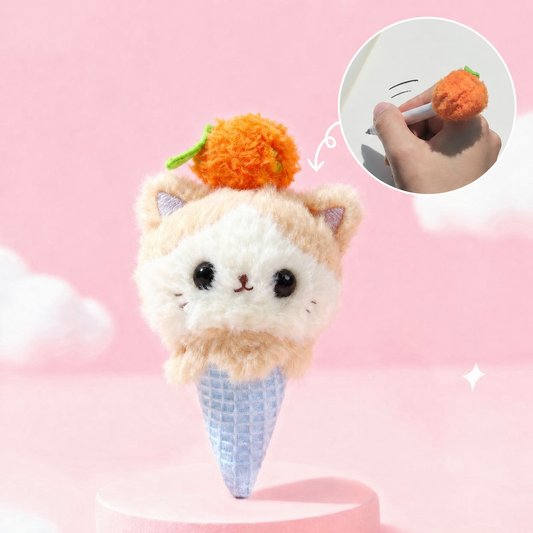 KUKI Ginger Cat plush gel pen with a close-up showing the white pen barrel writing