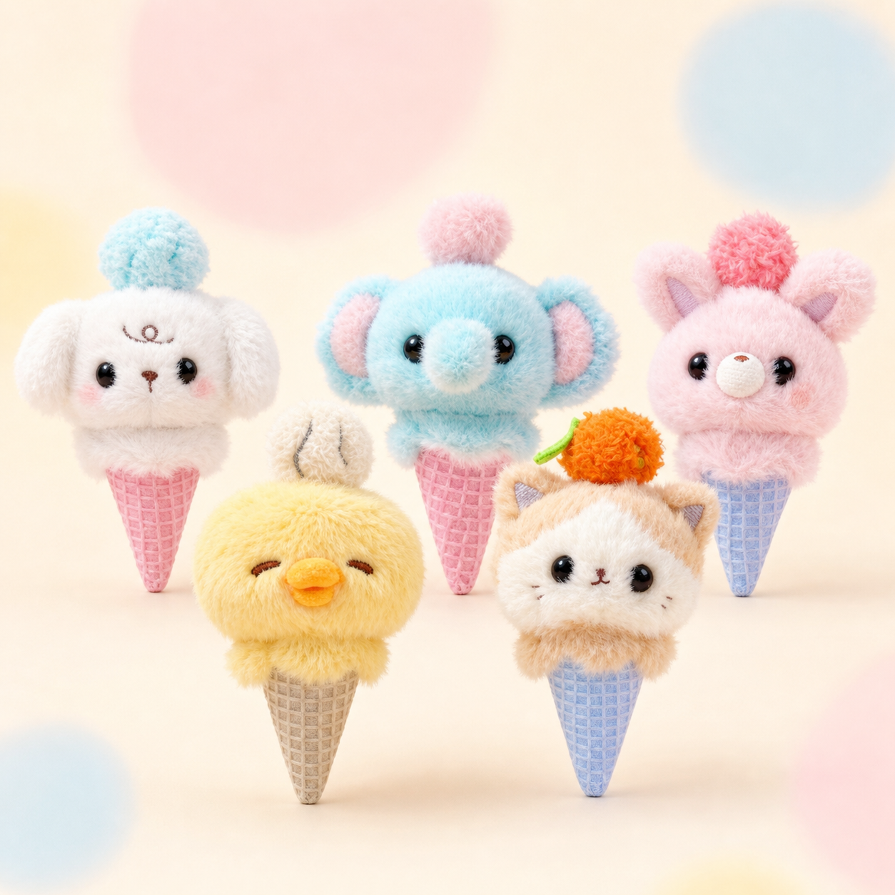 Five authentic KUKI plush gel pen designs including dog, elephant, rabbit, chick and ginger cat