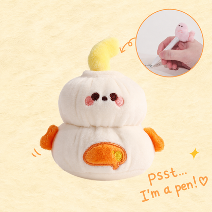 KUKI white shrimp dumpling plush gel pen with inset showing the hidden white pen barrel in use