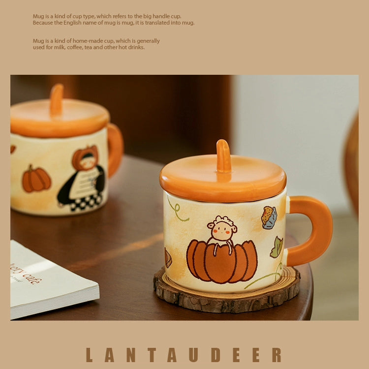 Adorable 350ml Ceramic Mug with Lid - Pumpkin and Fish cookie