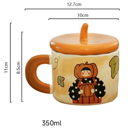 Adorable 350ml Ceramic Mug with Lid - Pumpkin and Fish cookie