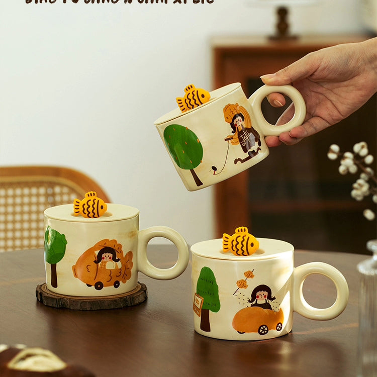 Adorable 350ml Ceramic Mug with Lid - Pumpkin and Fish cookie