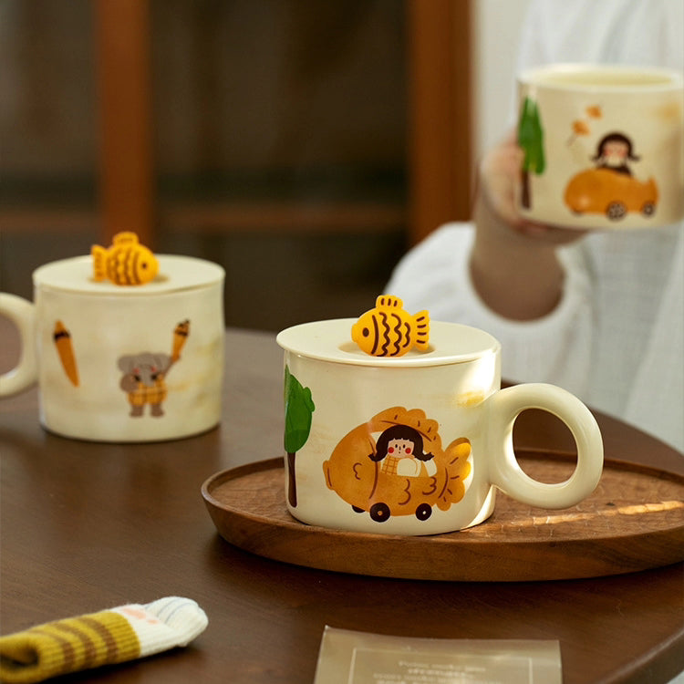 Adorable 350ml Ceramic Mug with Lid - Pumpkin and Fish cookie