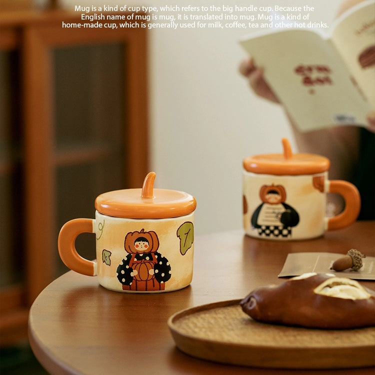 Adorable 350ml Ceramic Mug with Lid - Pumpkin and Fish cookie