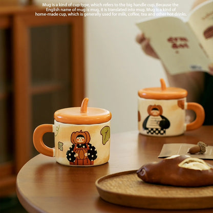 Adorable 350ml Ceramic Mug with Lid - Pumpkin and Fish cookie