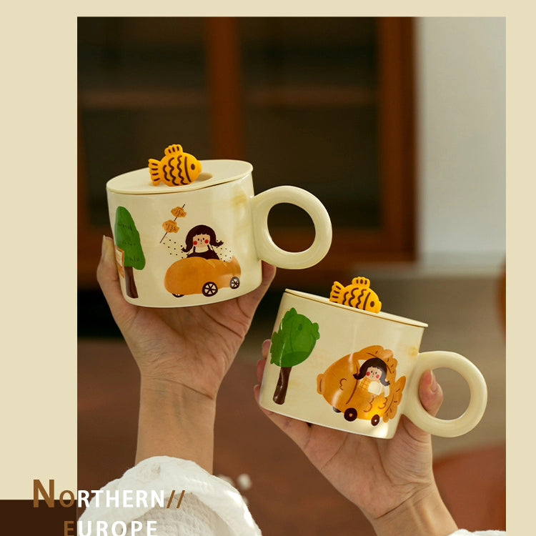 Adorable 350ml Ceramic Mug with Lid - Pumpkin and Fish cookie