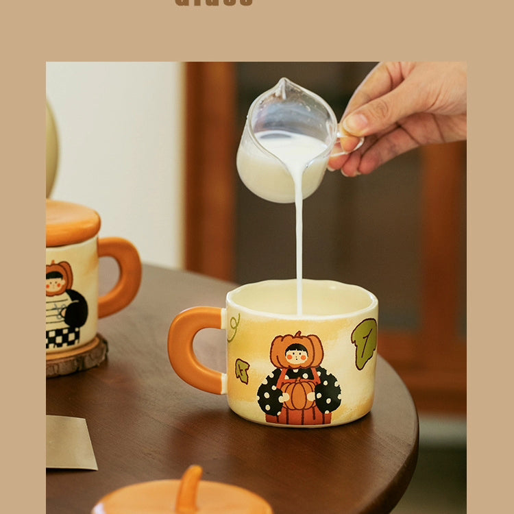 Adorable 350ml Ceramic Mug with Lid - Pumpkin and Fish cookie