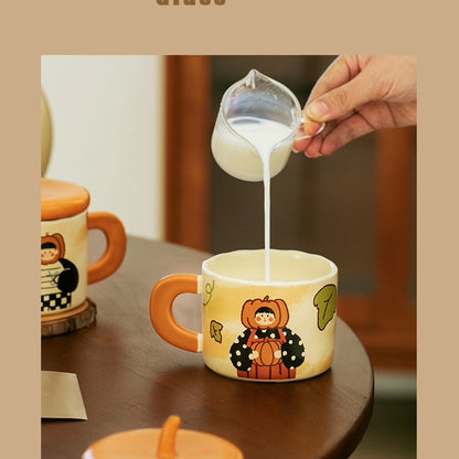 Adorable 350ml Ceramic Mug with Lid - Pumpkin and Fish cookie